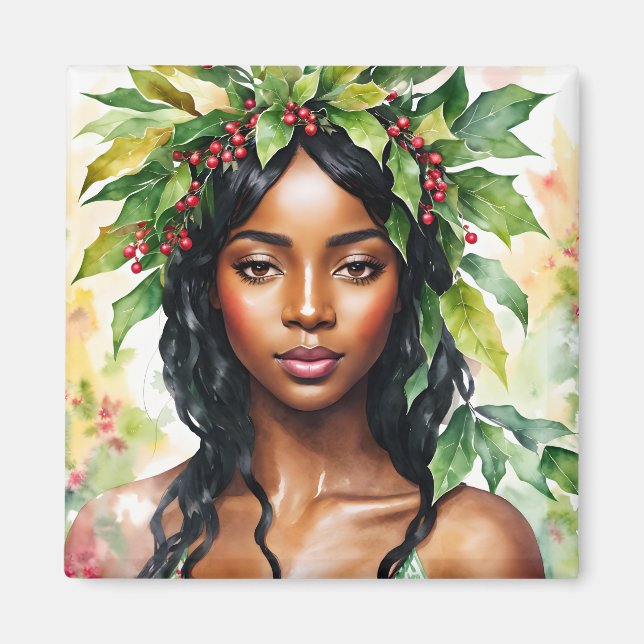 Black Woman Christmas Holly Watercolor Art Magnet (Front)