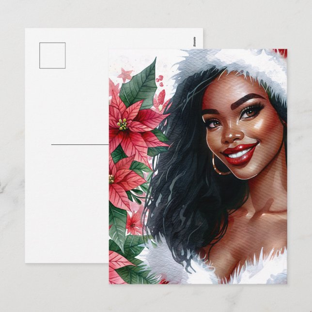 Black Woman Christmas Poinsettia Holiday Postcard (Front/Back)
