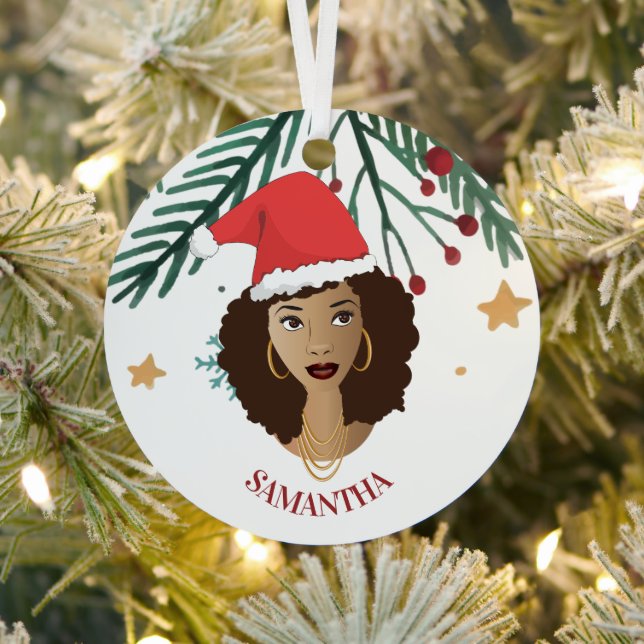 Black Woman, Christmas Red Santa Hat, Tree, Stars Metal Tree Decoration (Insitu)