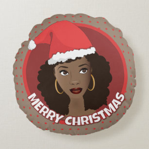 Black Woman Christmas Santa Hat, Red Dots, Brown Round Cushion