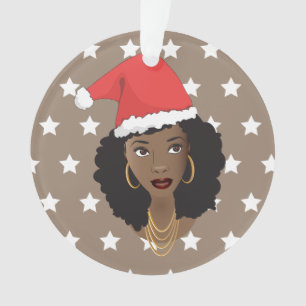 Black Woman Christmas Santa Hat, White Stars Brown Ornament