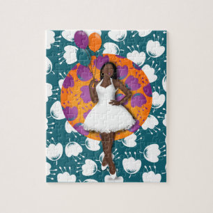 Black Woman Colourful Balloons Flower Pattern Teal Jigsaw Puzzle