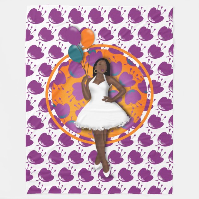 Black Woman Colourful Balloons Flower Pattern Whit Fleece Blanket (Front)
