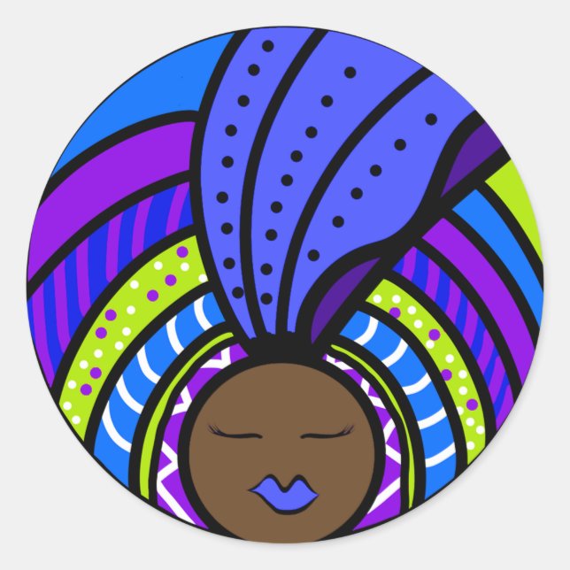 Black Woman, Colourful Blue Turban Classic Round Sticker (Front)