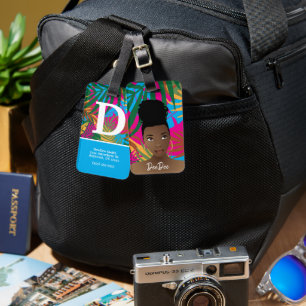 Black Woman, Colourful Tropical Leaves, Blue Luggage Tag