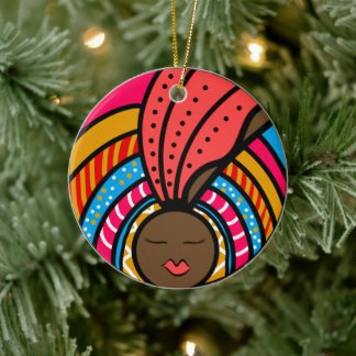 Black Woman Colourful Turban, Orange Ornament