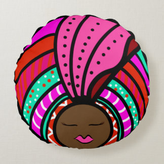 Black Woman Colourful Turban, Pink Round Cushion