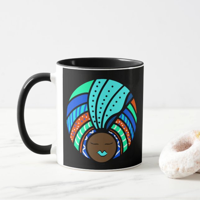 Black Woman Colourful Turban, Turquoise Mug (With Donut)
