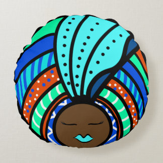 Black Woman Colourful Turban, Turquoise Round Cushion