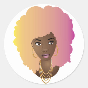 Black Woman, Colourful Yellow, Orange & Pink Hair Classic Round Sticker