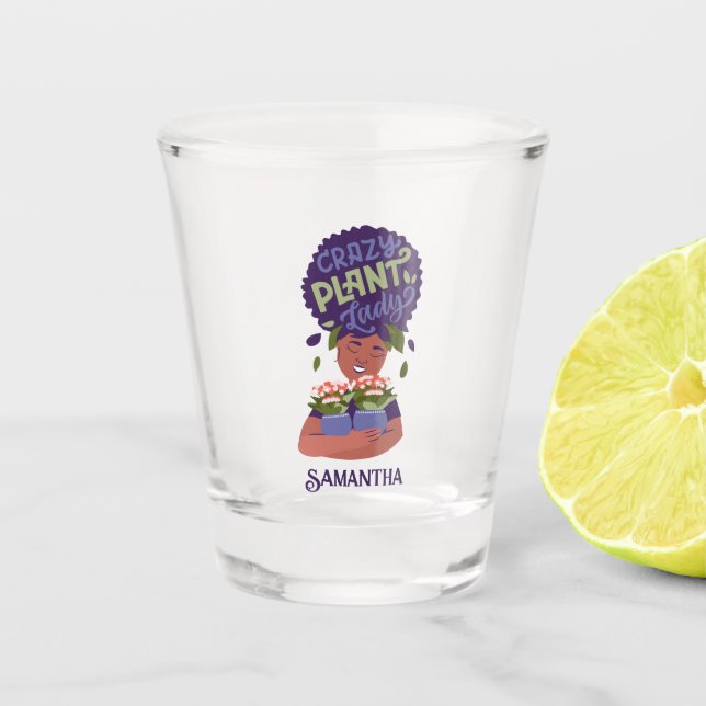 Black Woman Crazy Plant Lady, Hugging Plants Shot Glass (Front)