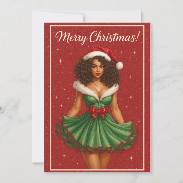 Black Woman Curly-Haired Santa Beauty Holiday Card (Front)