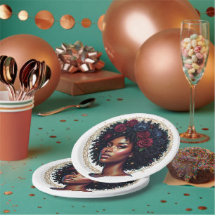 Black Woman Dark Floral Afro Paper Plate