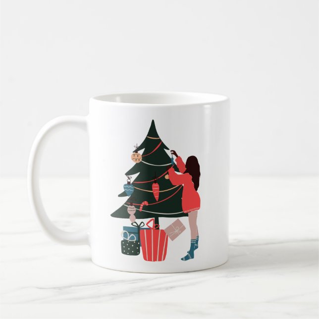 Black Woman Decorating Christmas Tree Coffee Mug (Left)