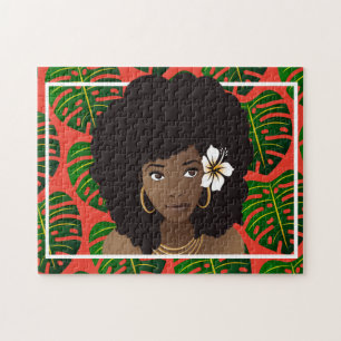Black Woman, Flower in Hair, Tropical Leaves, Red Jigsaw Puzzle