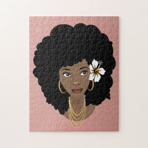 Black Woman, Flower in her Hair, Pink Blush Jigsaw Puzzle