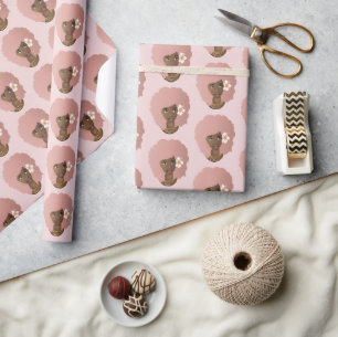 Black Woman, Flower in her Pink Natural Hair, Pink Wrapping Paper