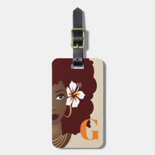 Black Woman Flower in Red Afro, Orange, Initial Luggage Tag