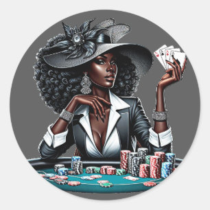 Black woman Gambling Casino Cards Poker Chips Art Classic Round Sticker