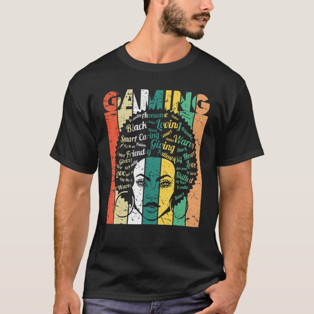 Black Woman Gaming Afro Retro Cool Black History M T-Shirt (Front)