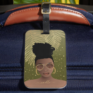 Black Woman, Gold Shades & Palm Leaves Olive Green Luggage Tag