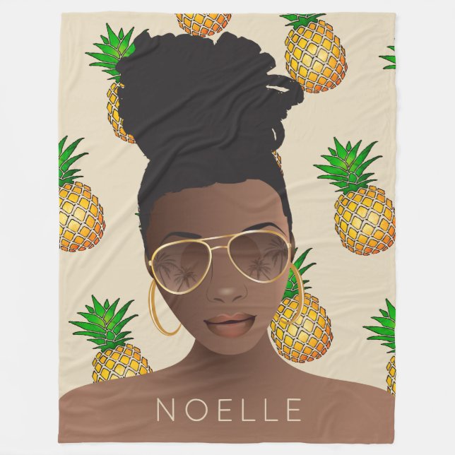 Black Woman, Gold Shades, Pineapple Pattern, Beige Fleece Blanket (Front)