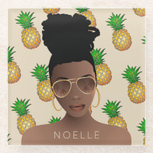 Black Woman, Gold Shades, Pineapple Pattern, Beige Glass Coaster