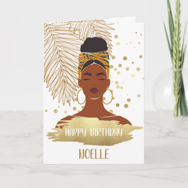 Black Woman, Gold Tropical Leaf, Birthday Card (Front)