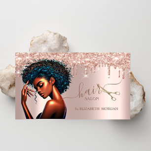 Black Woman Hairdresser Rose Gold Glitter Drips Business Card