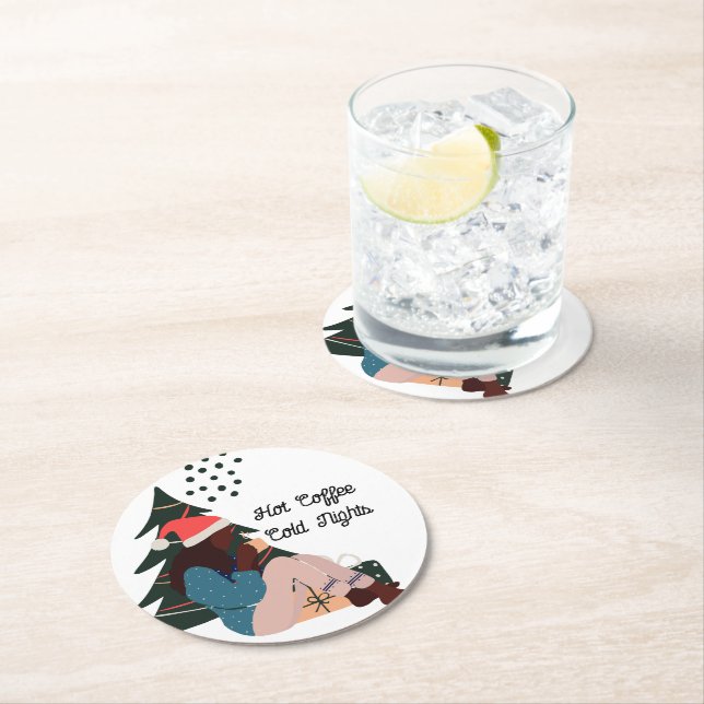 Black Woman Illustrated Christmas  Round Paper Coaster (Insitu)