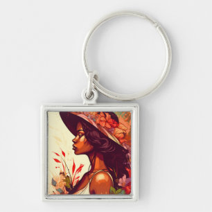 Black Woman in Floral Garden All Occasions Design Key Ring