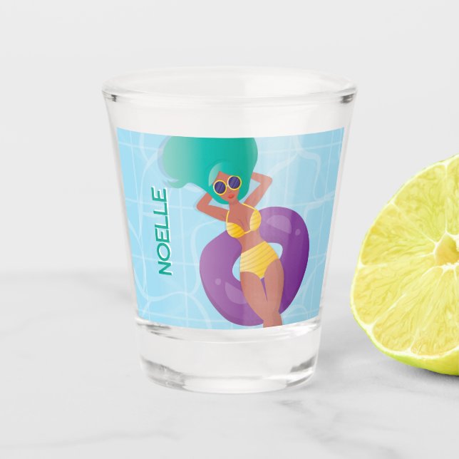 Black Woman in Lounging in Pool Shot Glass (Front)