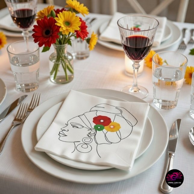 Black Woman Line Art Head Wrap Flowers Napkin (Culture at the table. Florals set. Pride in every detail.)