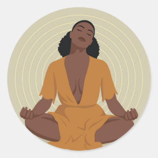 Black woman meditating, boho style classic round sticker