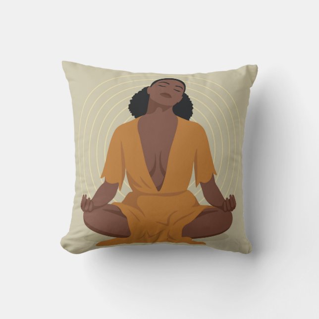 Black woman meditating, boho style cushion (Front)