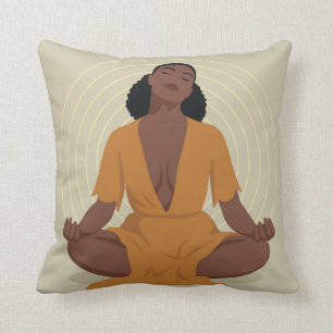 Black woman meditating, boho style cushion