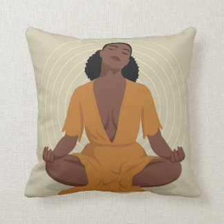 Black woman meditating, boho style cushion
