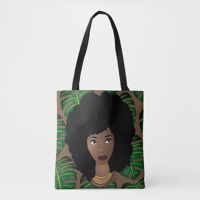 Black Woman, Natural Hair, Green Leaves, Brown Tote Bag (Front)