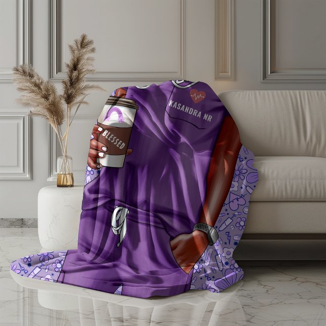 Black Woman Nurse Doctor in Purple Scrubs  Sherpa Blanket (The picture has been enhanced to show  details)