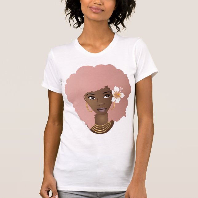 Black Woman, Pink Afro, Flower in Her Natural Hair T-Shirt (Front)