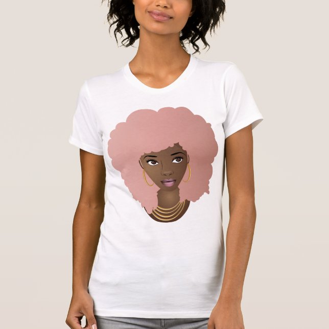 Black Woman, Pink Afro, Natural Hair Beauty T-Shirt (Front)