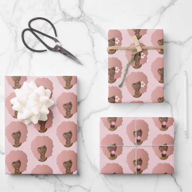 Black Woman, Pink Afro, Natural Hair, Pink Wrapping Paper Sheet (Front)