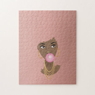 Black Woman, Pink Bubblegum, Blush Pink Jigsaw Puzzle