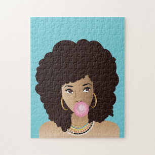Black Woman, Pink Bubblegum, Natural Hair, Blue Jigsaw Puzzle
