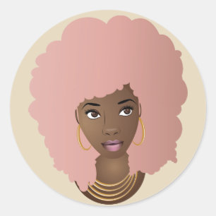 Black Woman, Pink Hair, Pink Lips Classic Round Sticker