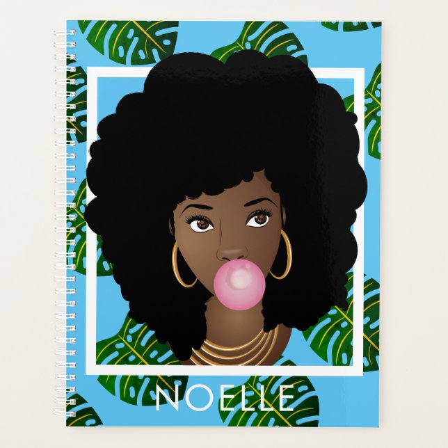 Black Woman, Popping Bubble Gum Leaf Pattern Blue Planner (Front)