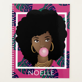 Black Woman, Popping Bubble Gum Leaf Pattern Pink Planner