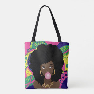 Black Woman Popping Pink Bubblegum, Colourful Tote Bag