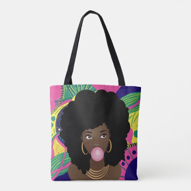 Black Woman Popping Pink Bubblegum, Colourful Tote Bag (Back)