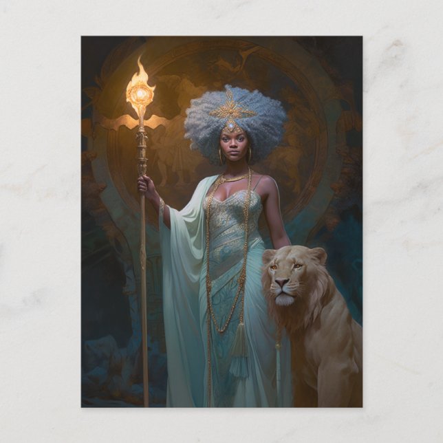 Black Woman Queen With Lion Fantasy Art Postcard (Front)